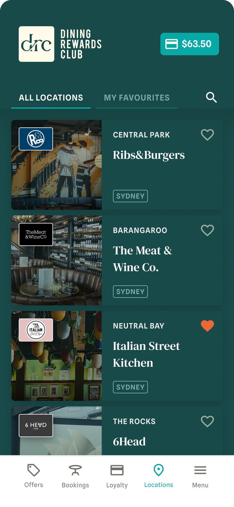 Seagrass app showings all restaurant locations.