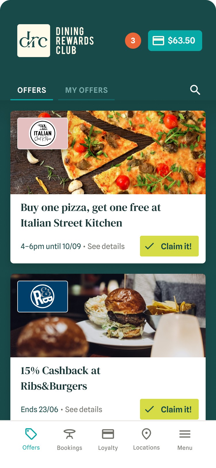 Landing page offers in the Dining Rewards Club app, showing example offers