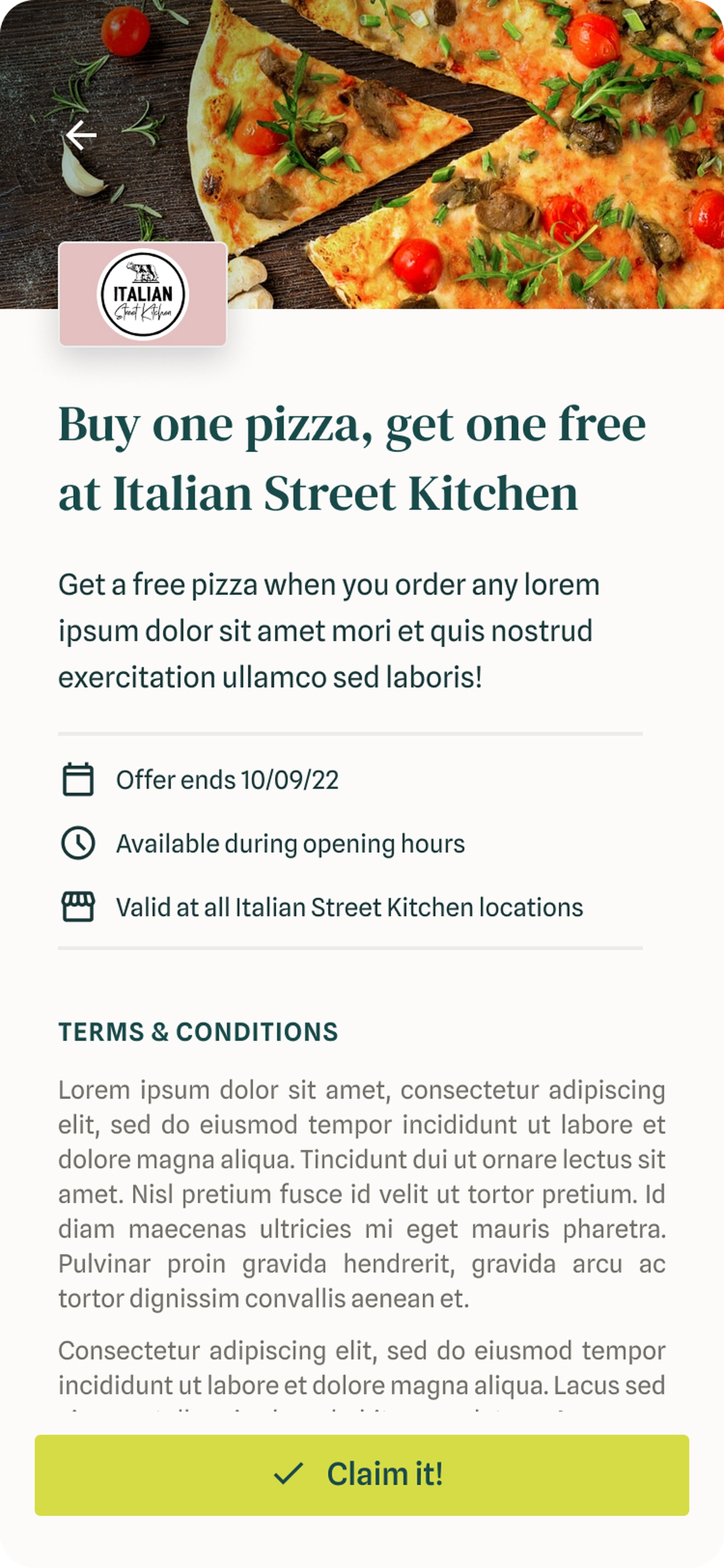 Offer details for an example buy one, get one free pizza deal