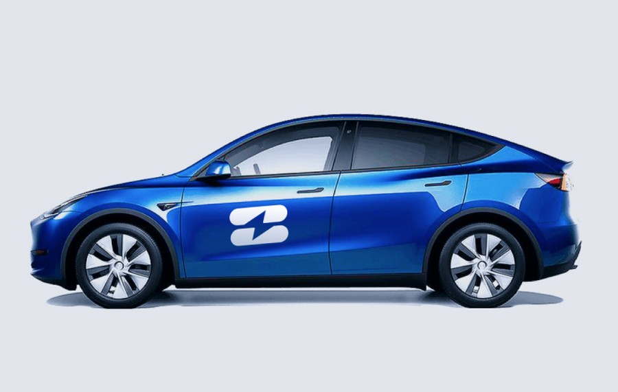 ChargeHQ logomark applied to a blue electric car