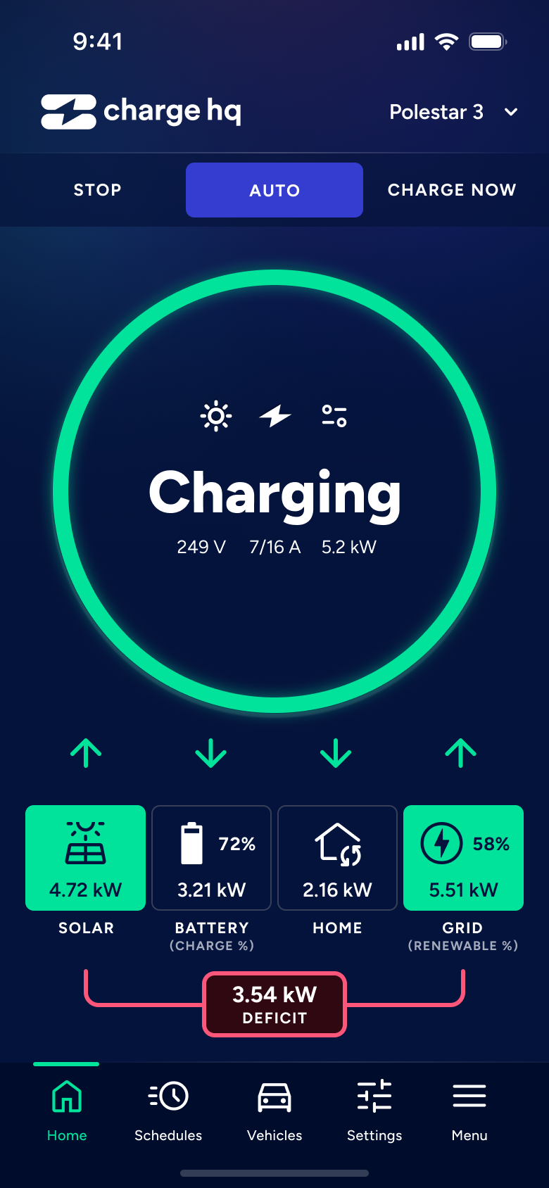 Dark mode example of ChargeHQ mobile application