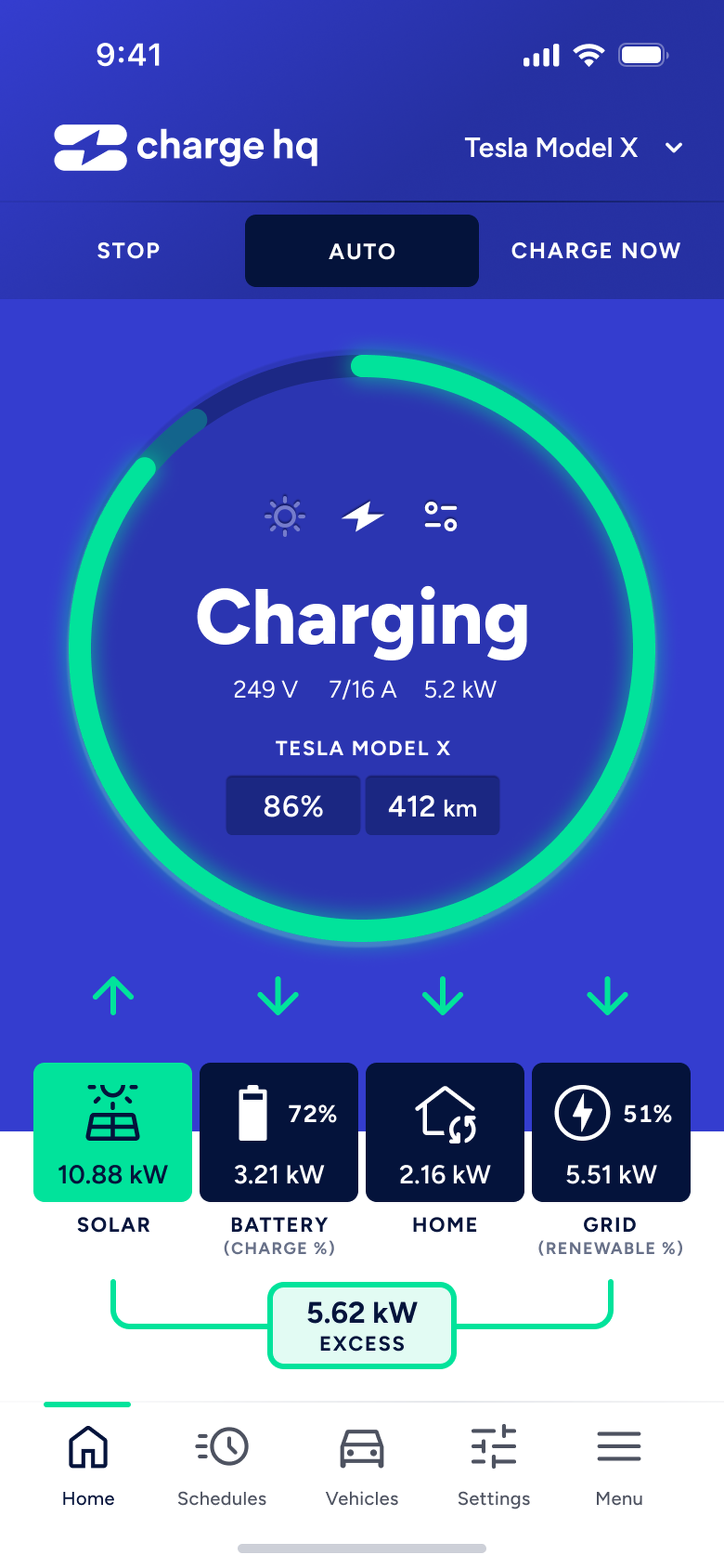 Default mode example of ChargeHQ mobile application