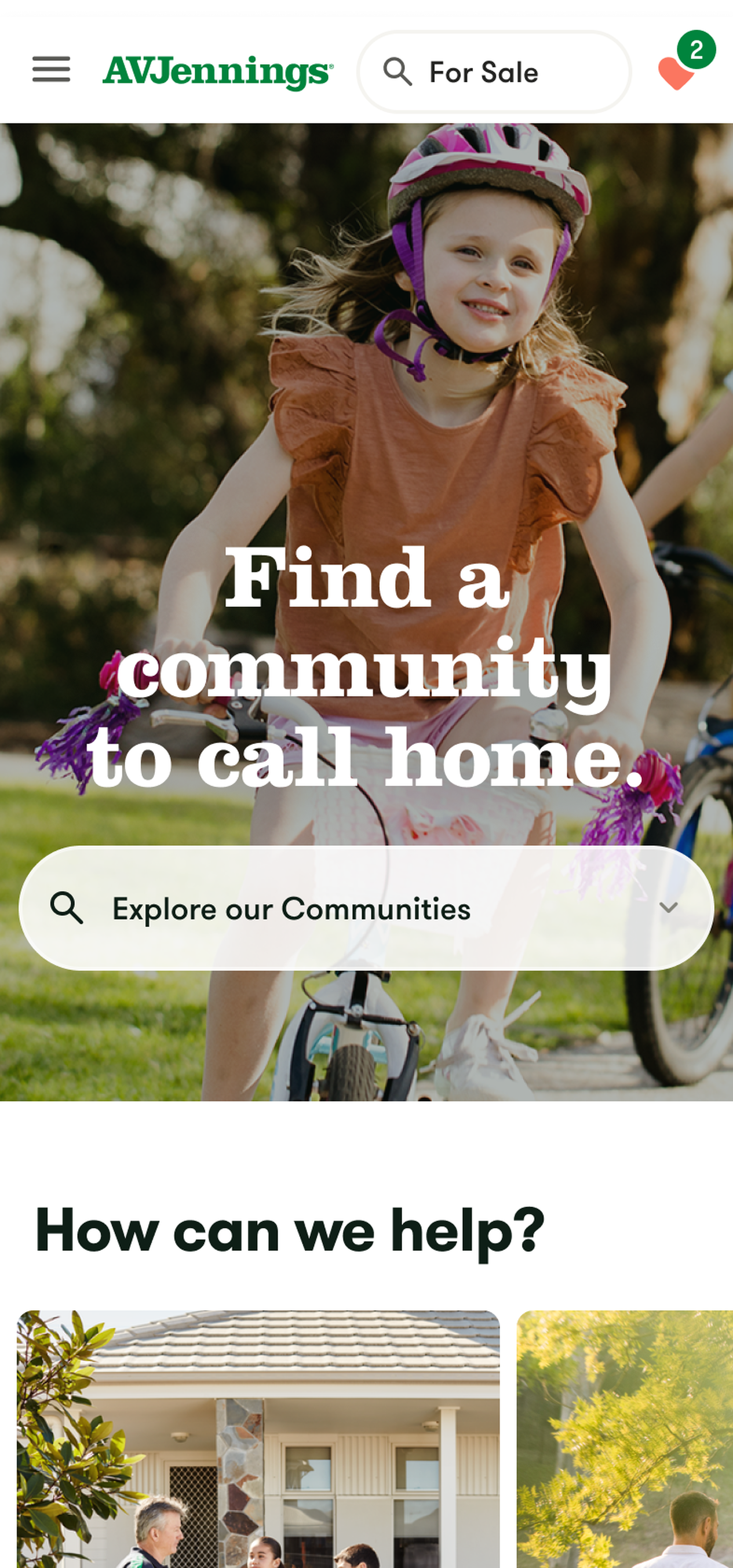 Mobile home screen view showing navigation, help, search, and prompting the user to explore AVJennings Communities.