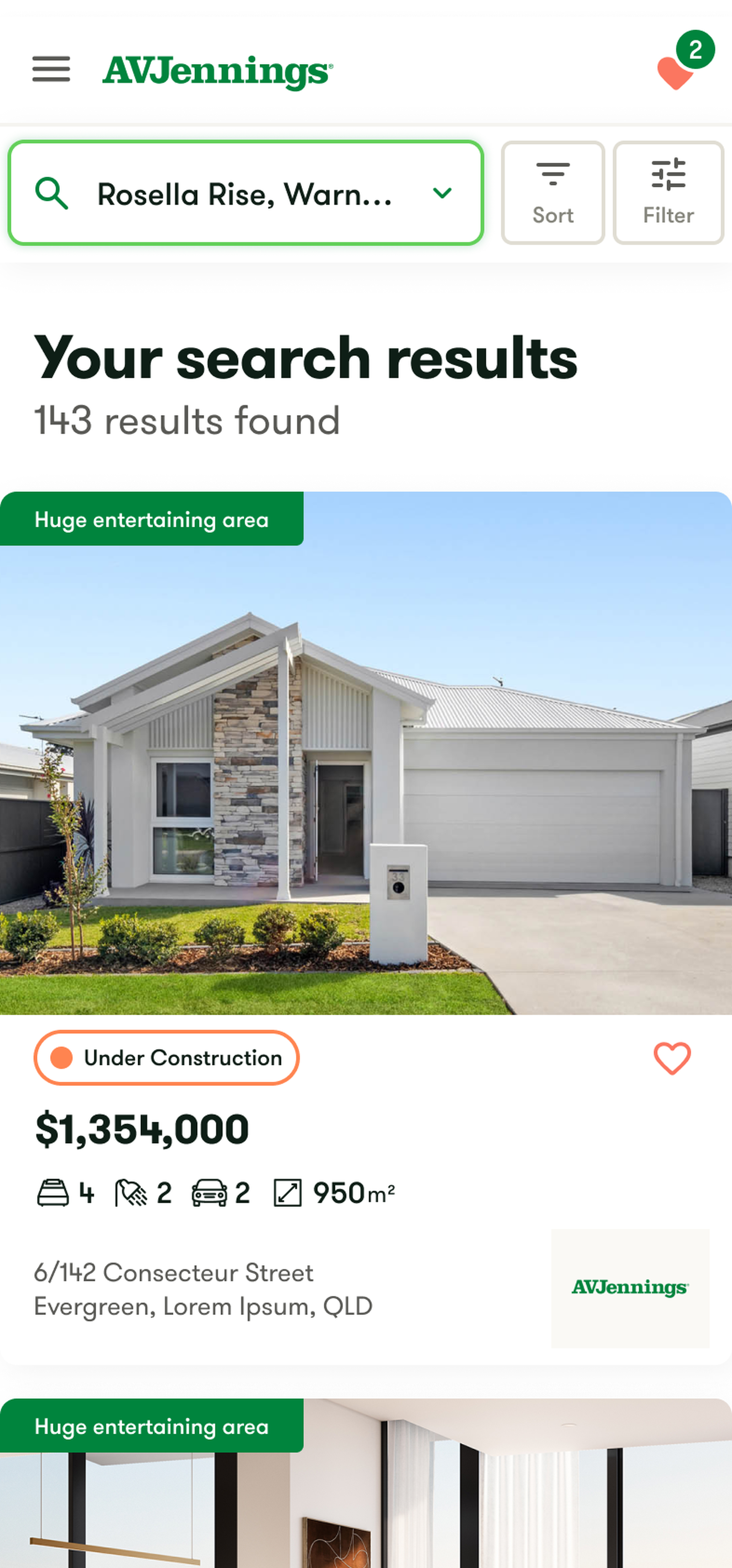 Search result view showing listed properties. Each shows and image, the price, street address, details such as number of bedrooms and bathrooms, and a status such as "Under Construction".
