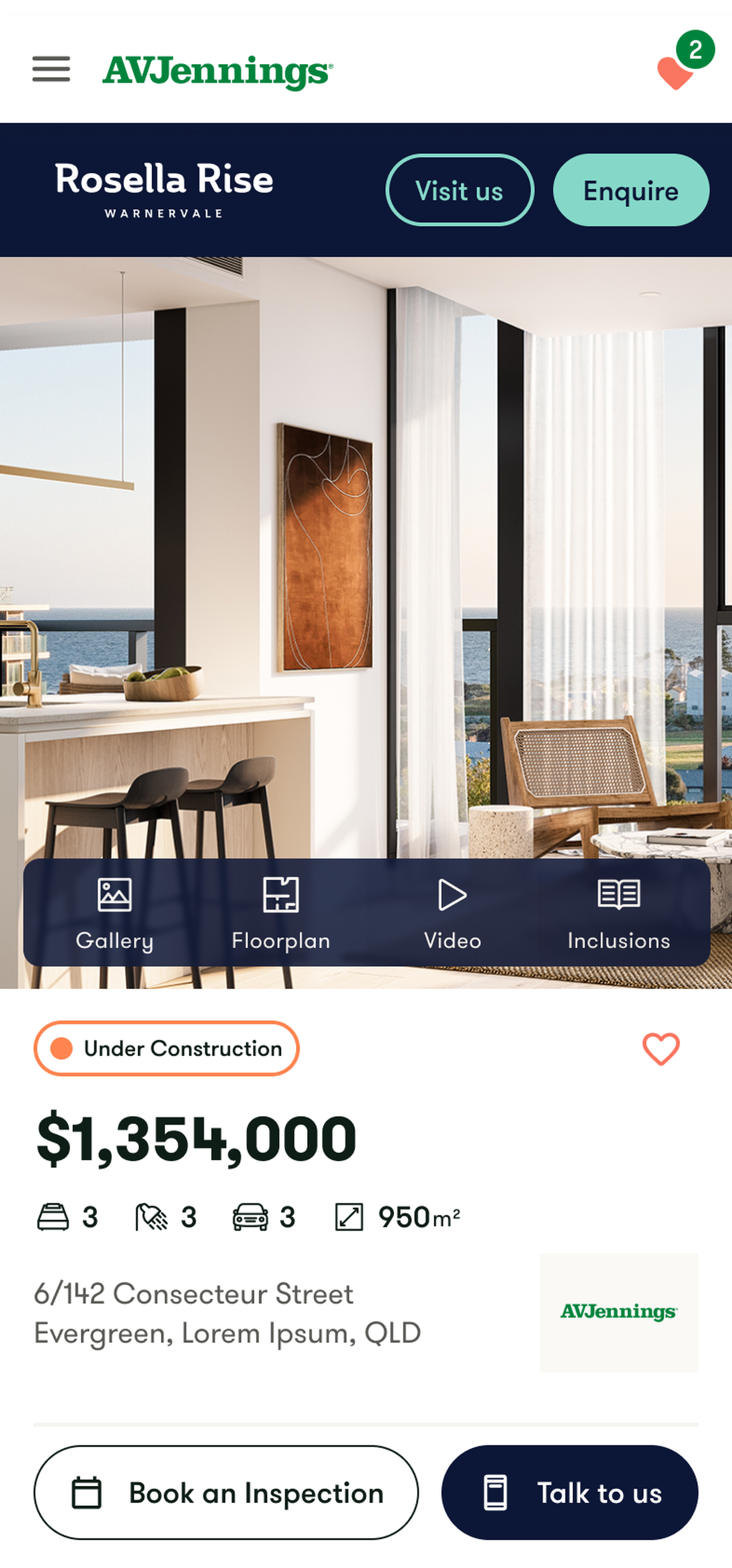 A property listing view within an AVJennings Community, giving access to price, booking inspection, gallery, floorplan and other details.