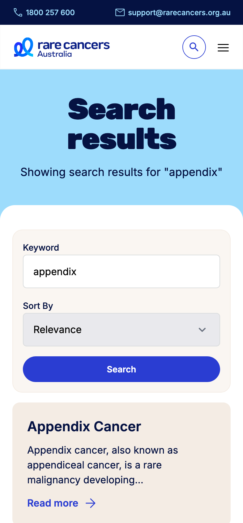 Rare Cancers Searchresults shown at mobile device size