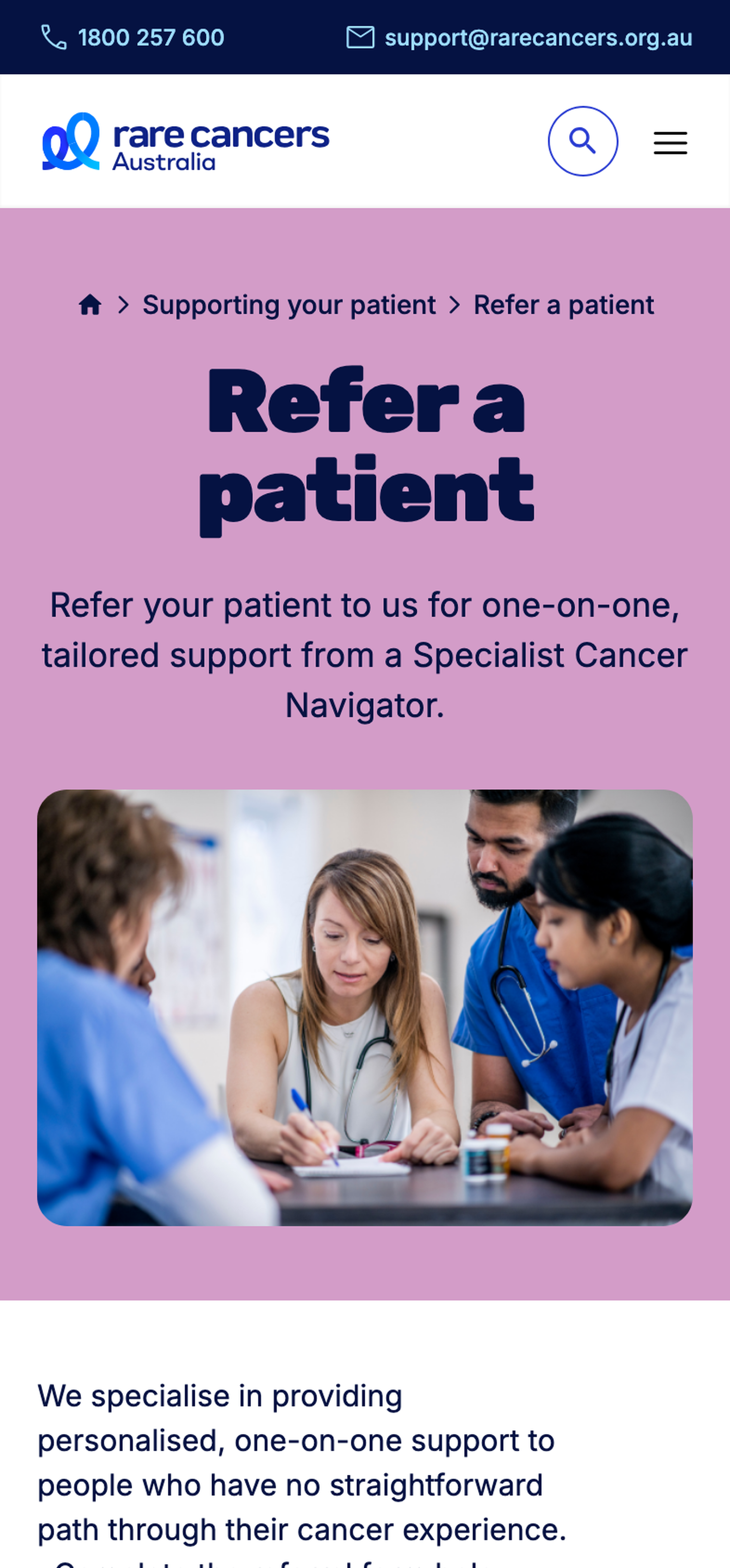 Rare Cancers Refer a Patient page shown at mobile device size