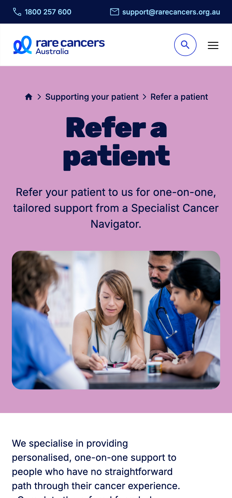 Rare Cancers Refer a Patient page shown at mobile device size