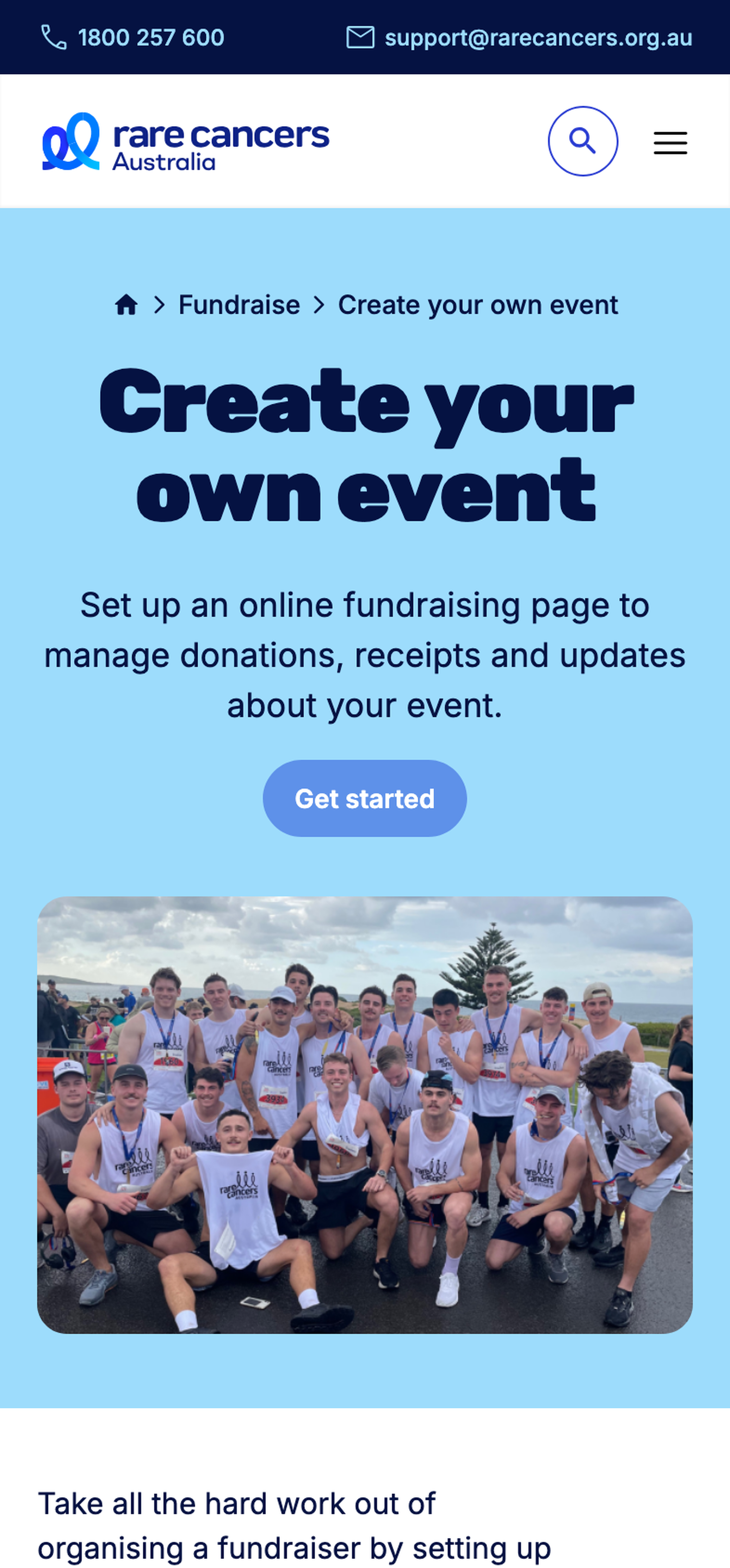 Rare Cancers Event page shown at mobile device size