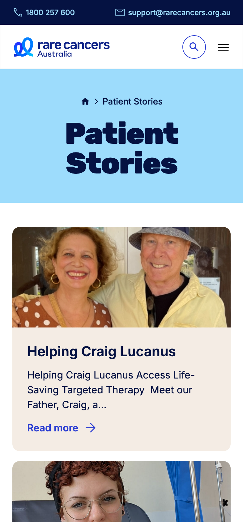 Rare Cancers Patient stories page shown at mobile device size