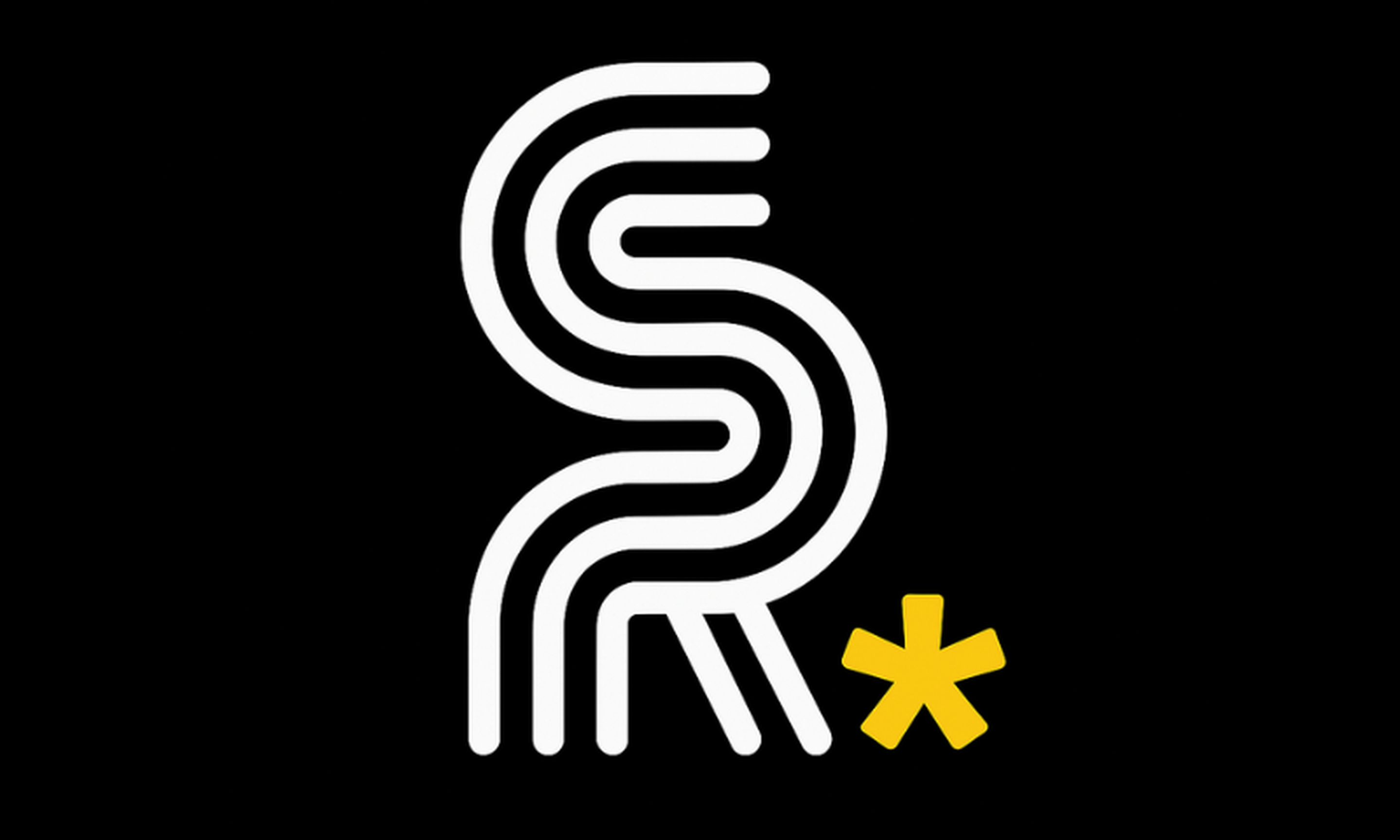 Abstract white "SR" design on black background with a yellow asterisk in the lower right corner.