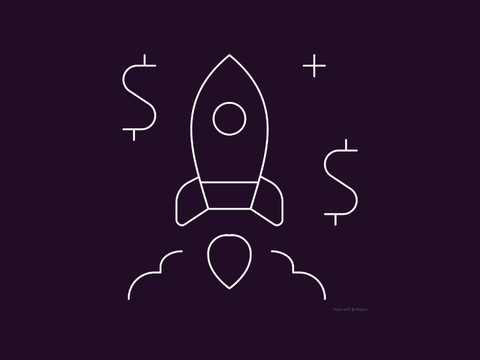 Line drawing rocket ship launch with dollar signs