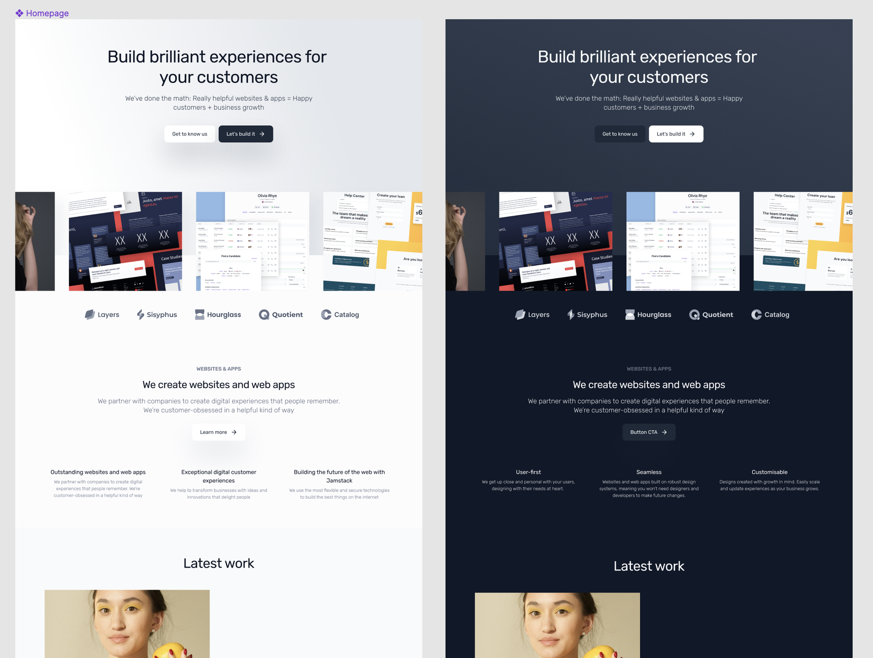 Website homepage design in both light and dark versions. 