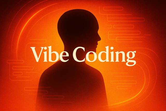 Silhouette of a person against an orange background with dynamic lines, featuring the text "Vibe Coding."