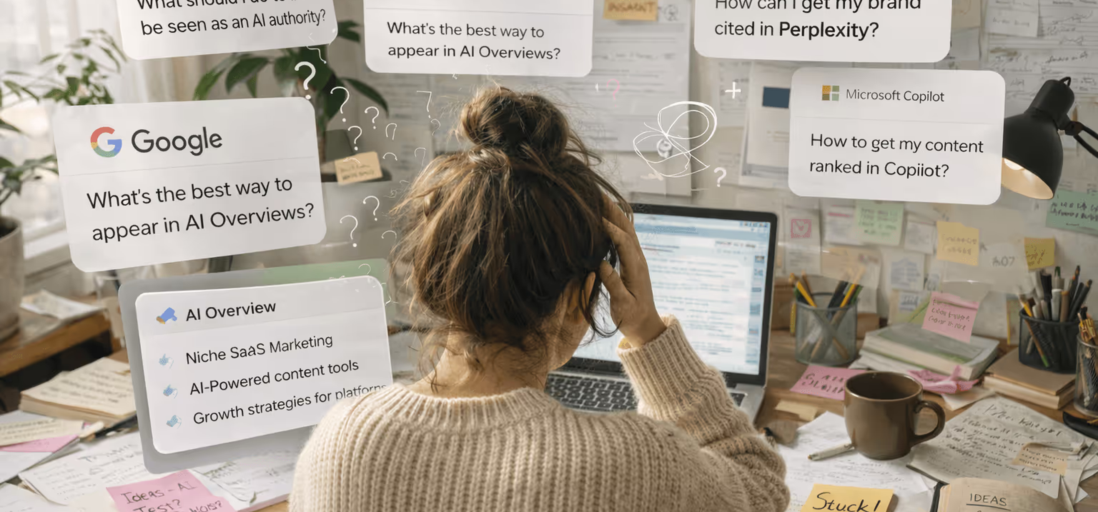 Frau sitzt am Schreibtisch, umgeben von Notizen und Monitor, mit Fragen zu KI-Diensten wie ChatGPT und Google. Verwirrung dargestellt.