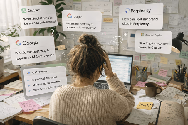 Frau sitzt am Schreibtisch, umgeben von Notizen und Monitor, mit Fragen zu KI-Diensten wie ChatGPT und Google. Verwirrung dargestellt.
