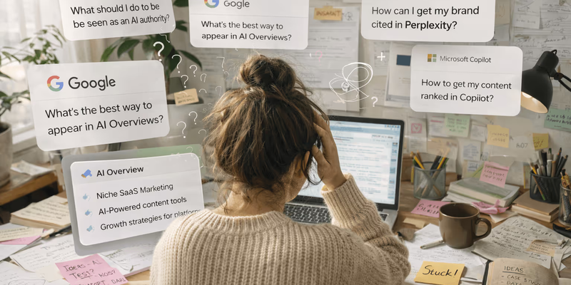 Frau sitzt am Schreibtisch, umgeben von Notizen und Monitor, mit Fragen zu KI-Diensten wie ChatGPT und Google. Verwirrung dargestellt.