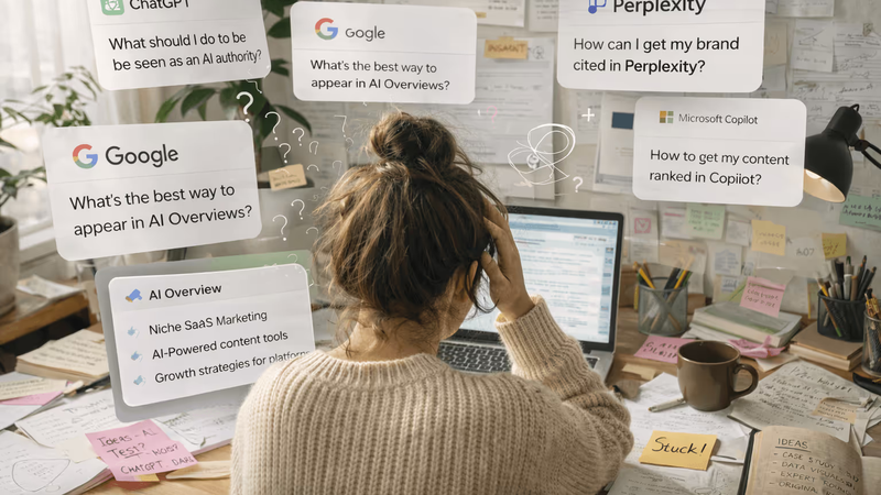 Frau sitzt am Schreibtisch, umgeben von Notizen und Monitor, mit Fragen zu KI-Diensten wie ChatGPT und Google. Verwirrung dargestellt.