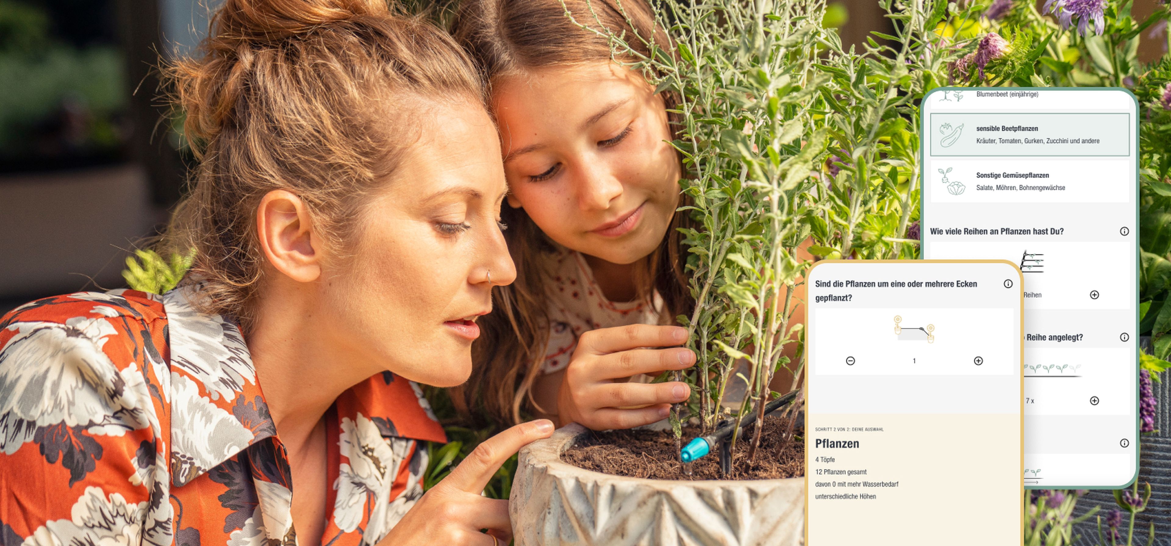 Woman and girl examine plants in a decorative planter while a gardening app overlay shows plant and watering settings.