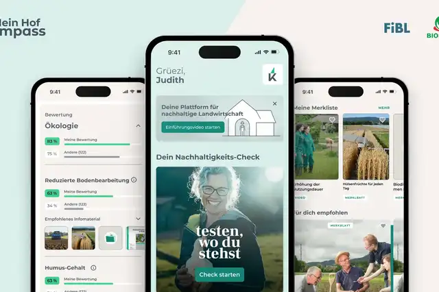 Smartphone-Apps mit Nachhaltigkeits-Checks und Ökologie-Bewertungen für nachhaltige Landwirtschaft, dargestellt auf drei Bildschirmen.