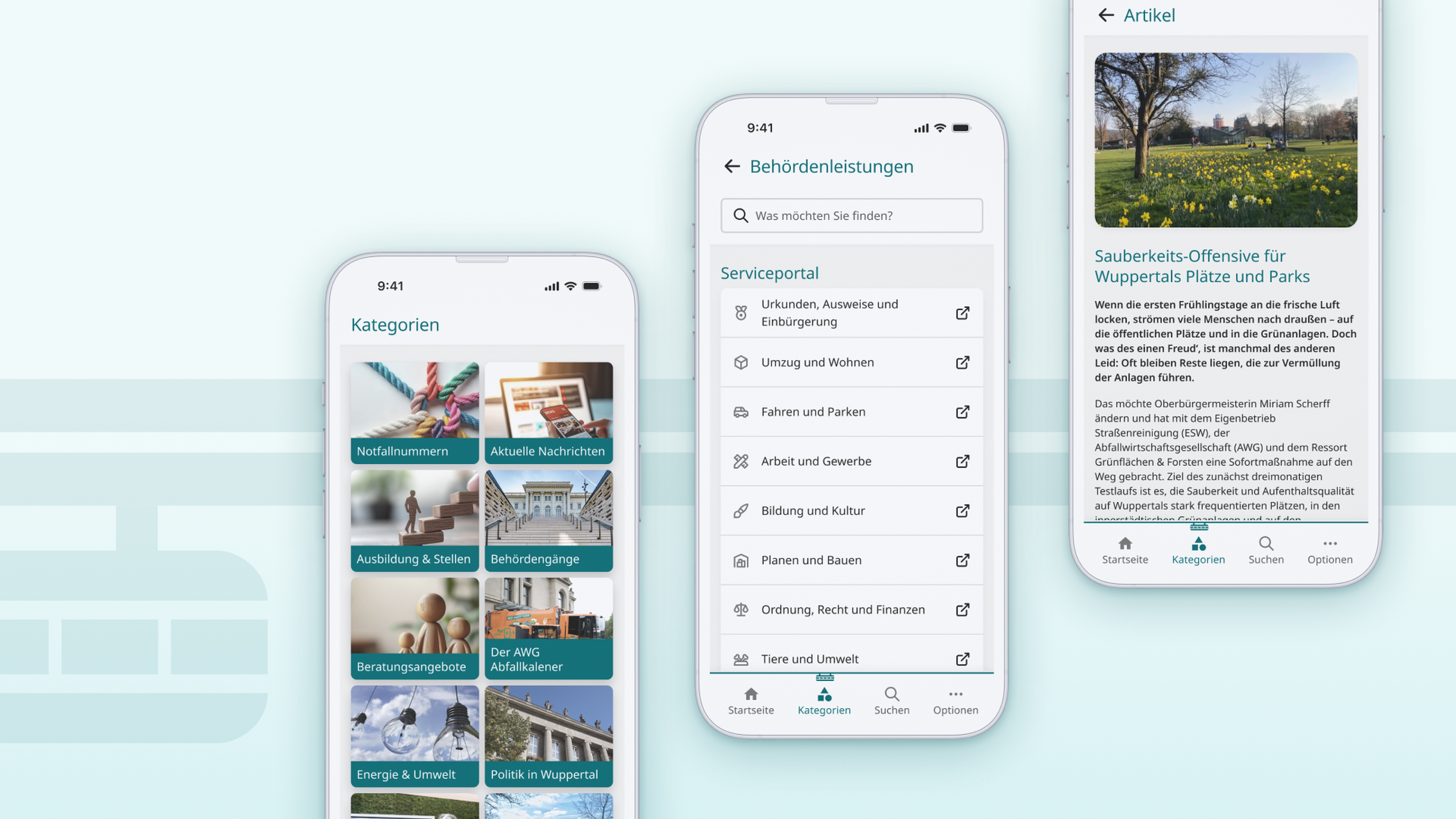 Drei Smartphone-Bildschirme mit einer App, die Kategorien, Behördendienstleistungen und einen Artikel über Parkreinigung in Wuppertal zeigt.