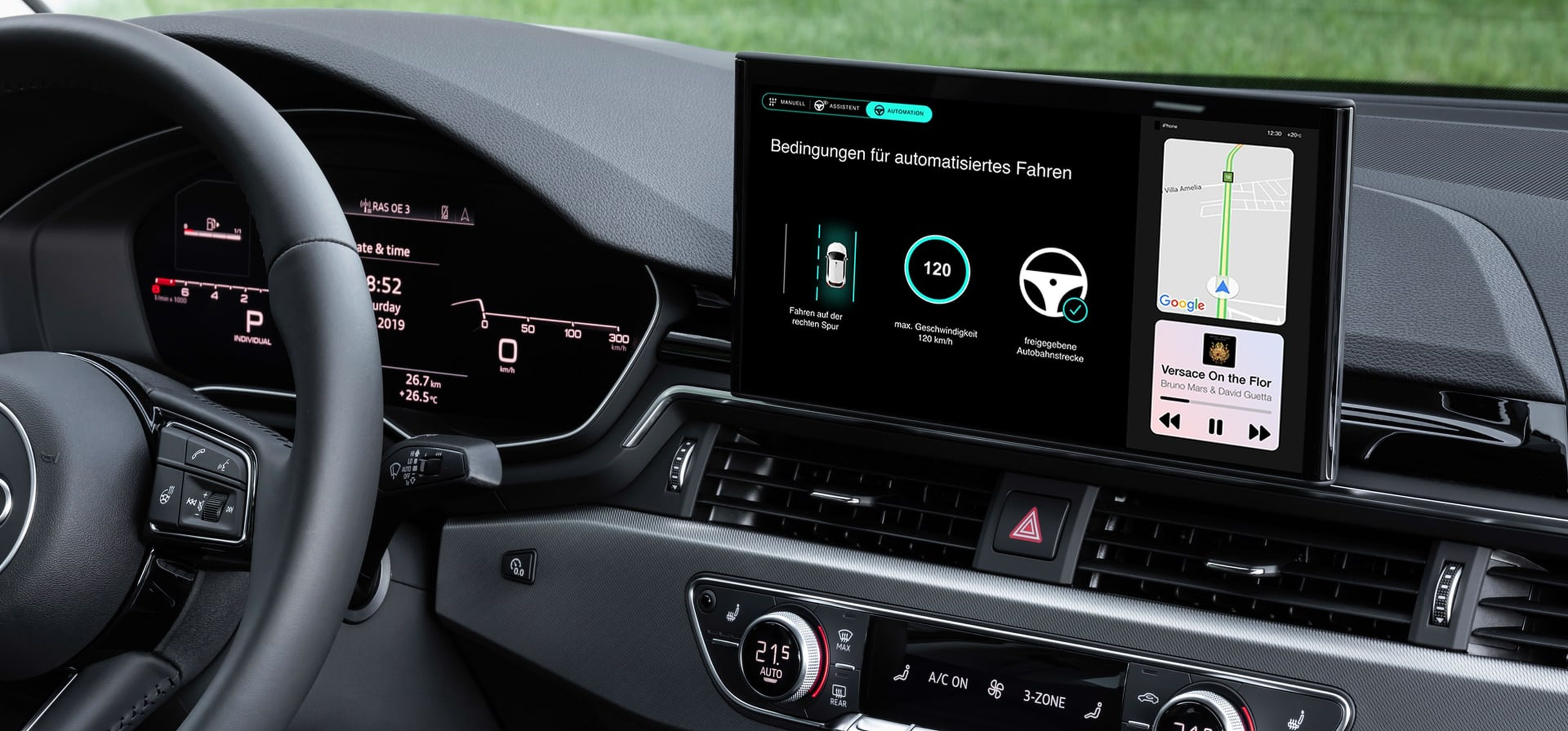 Das Bild zeigt das Armaturenbrett eines Audis inklusive Infotainmentsystem. Auf dem Display ist ein Beispiel-Screen unseres Unterstützungs- und Feedbackkonzepts zu sehen.