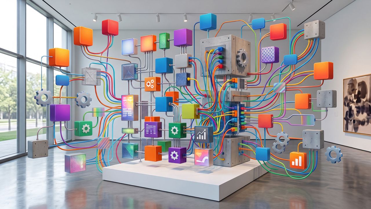 A colorful installation with cubes, gears, and cables in a modern space with large windows, symbolizing connectivity and technology.