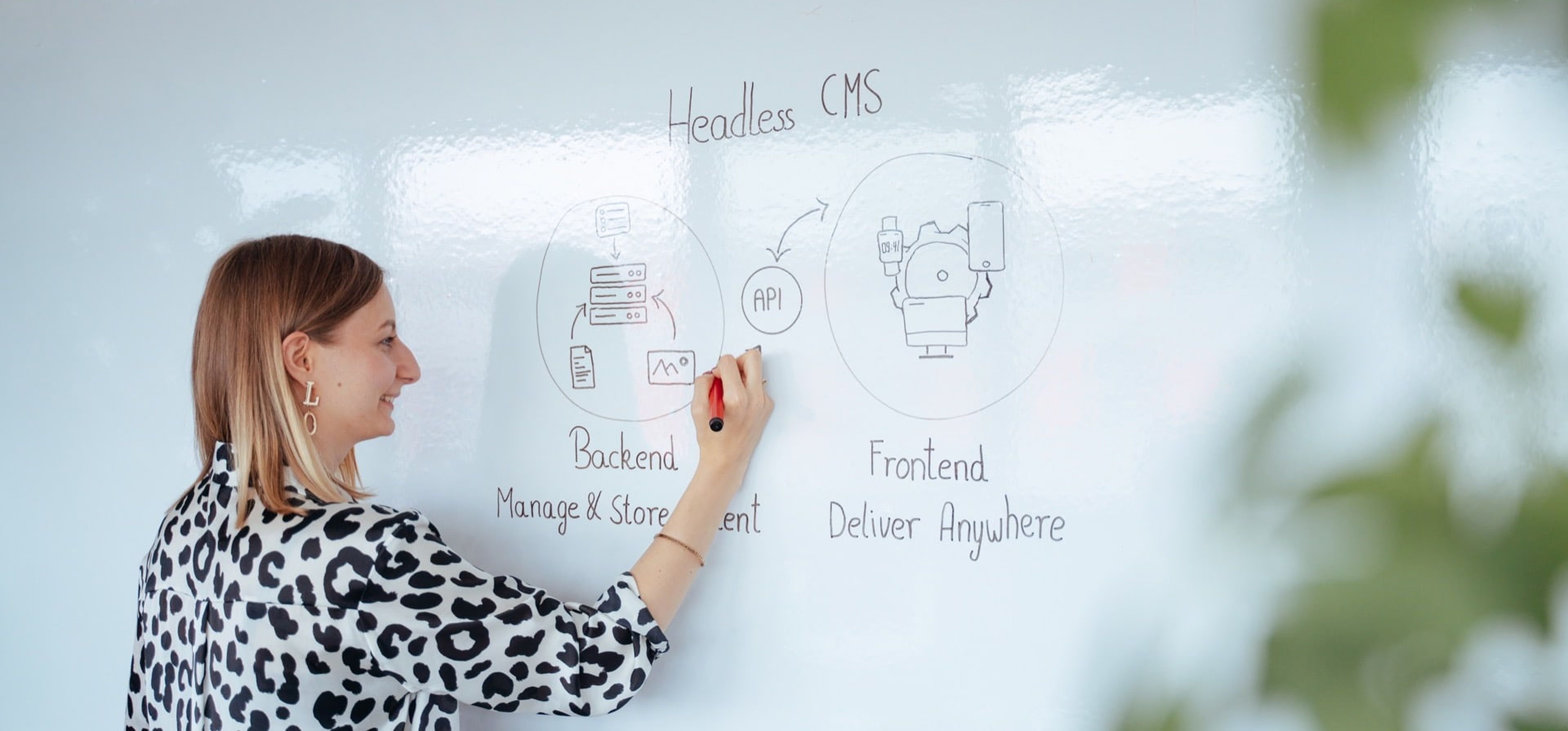 Ergosign Mitarbeiterin macht ein Scribbel am Whiteboard zur Headless CMS Funktion.
