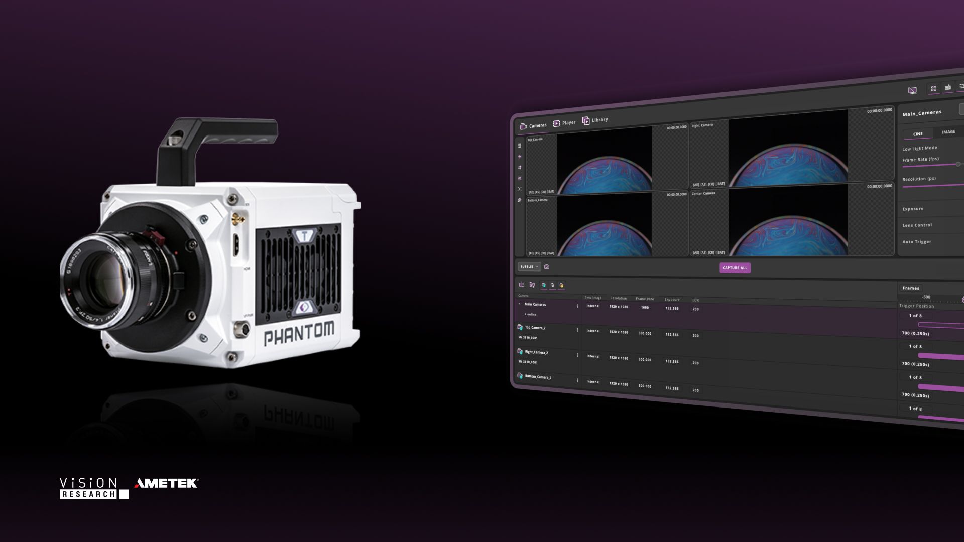 Phantom camera on the left, screen of the Phantom Camera Control (PCC) software on the right