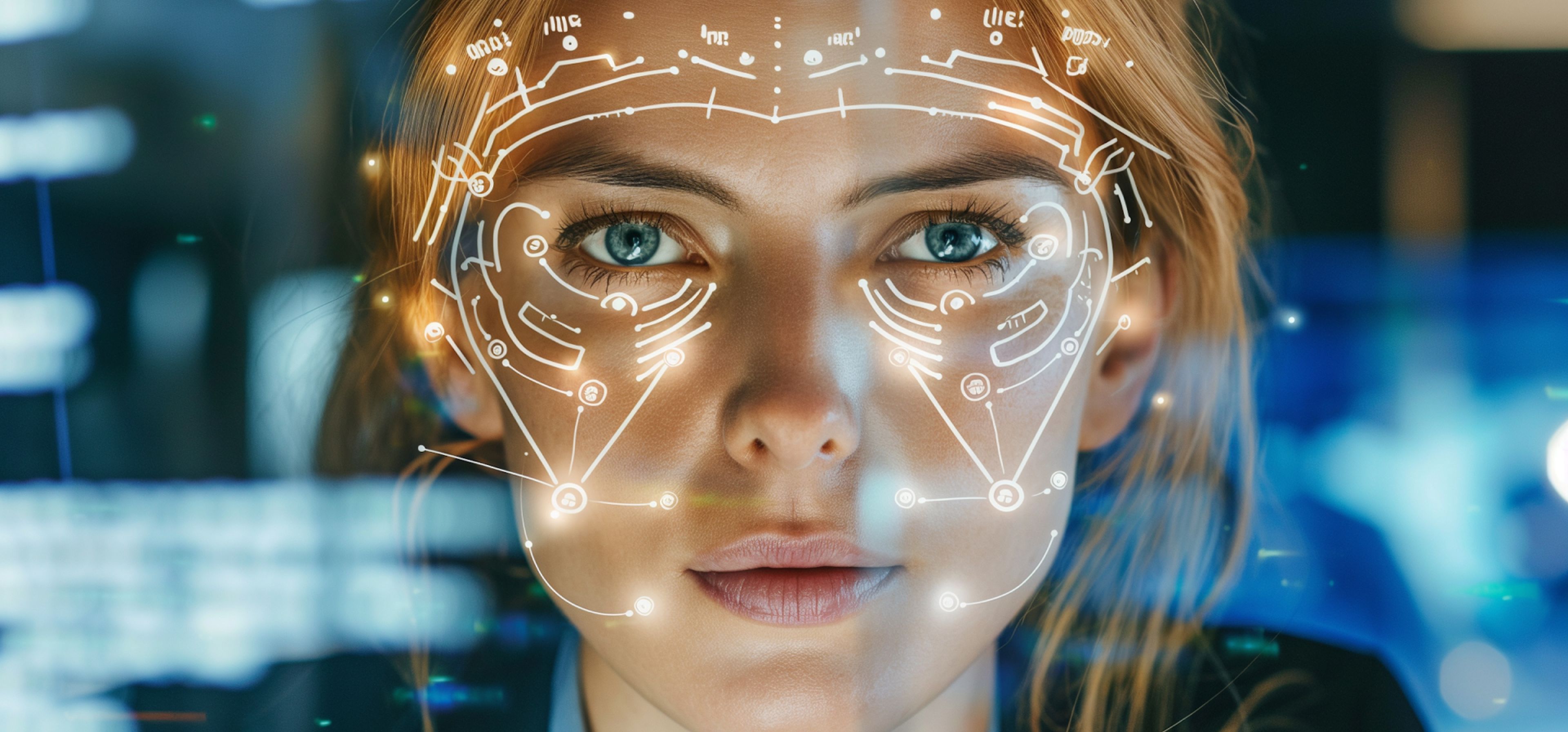 Frauengesicht mit digitalem Interface, das Projektionen und Datenmuster über ihr Gesicht anzeigt, im Hintergrund unscharfe Bildschirme.