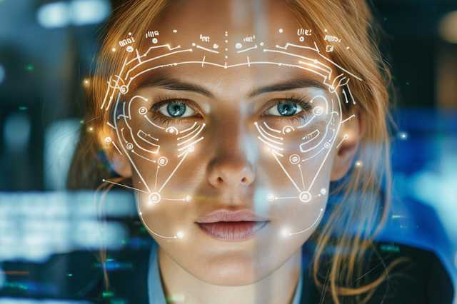 Frauengesicht mit digitalem Interface, das Projektionen und Datenmuster über ihr Gesicht anzeigt, im Hintergrund unscharfe Bildschirme.