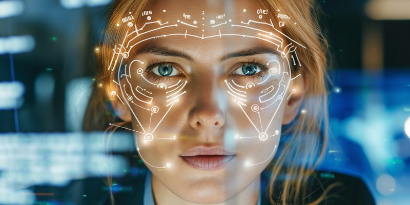 Frauengesicht mit digitalem Interface, das Projektionen und Datenmuster über ihr Gesicht anzeigt, im Hintergrund unscharfe Bildschirme.