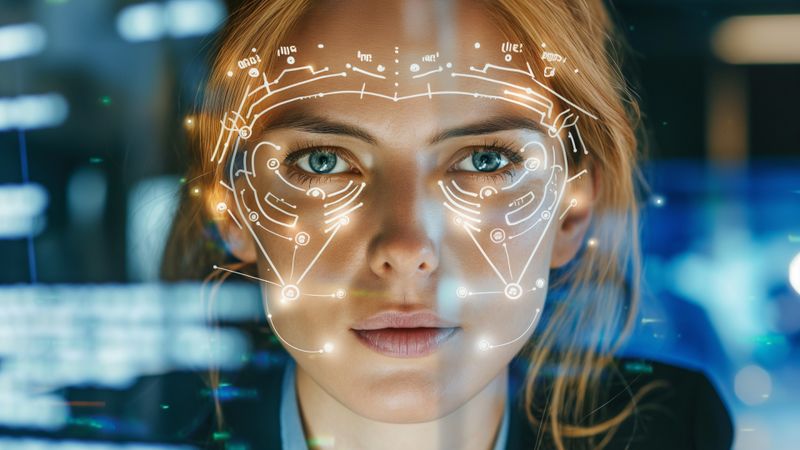 Frauengesicht mit digitalem Interface, das Projektionen und Datenmuster über ihr Gesicht anzeigt, im Hintergrund unscharfe Bildschirme.