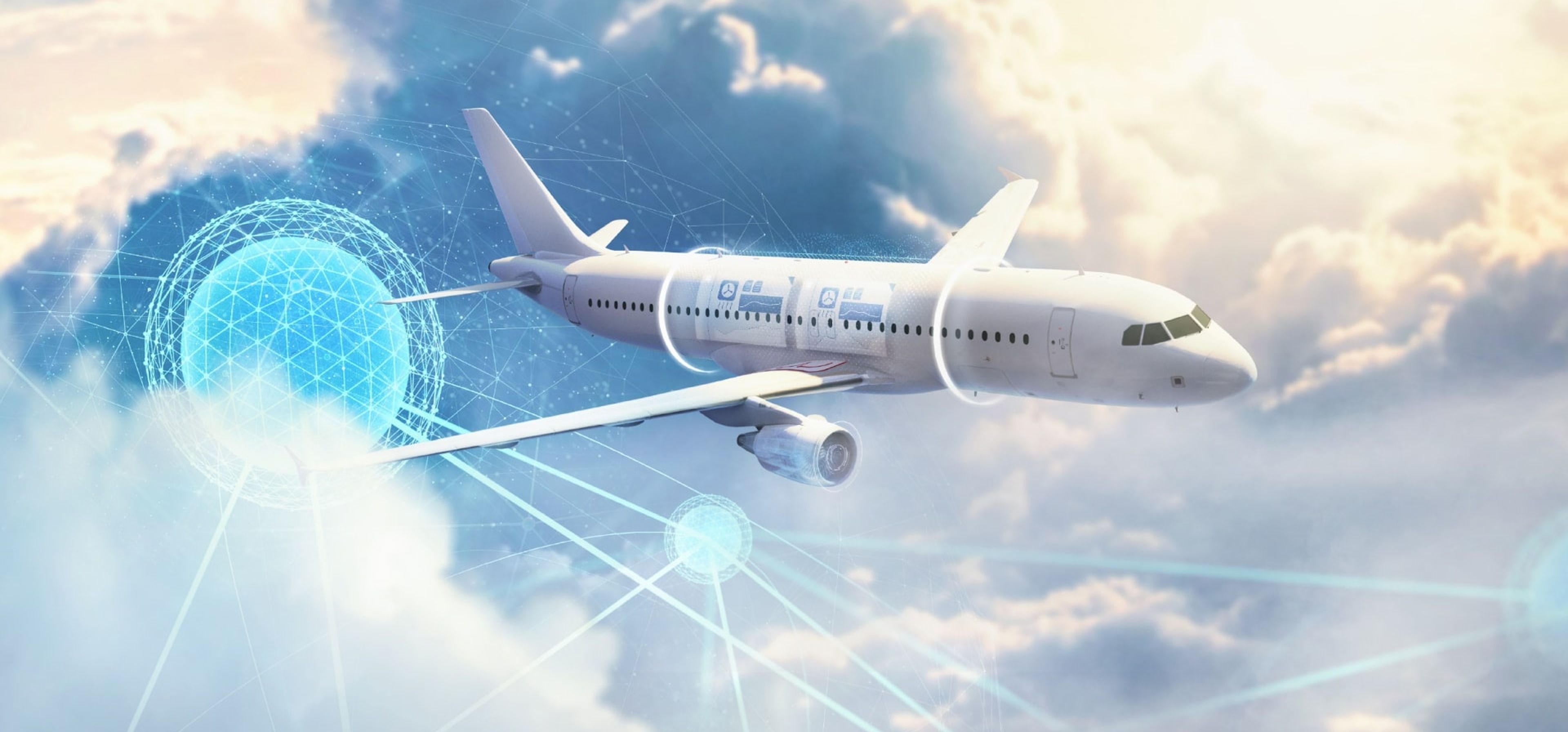 Flugzeug im Himmel mit der Visualisierung von Predictive Maintenance durch Linien und Kreise.