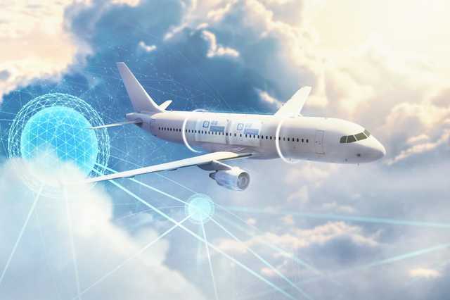 Flugzeug im Himmel mit der Visualisierung von Predictive Maintenance durch Linien und Kreise.