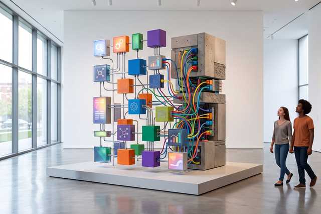 Zwei Personen betrachten in einer modernen Galerie eine Skulptur aus bunten Blöcken und Kabeln, die ein Netzwerk darstellt.