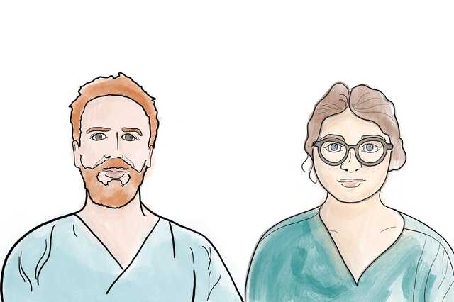 Illustration von zwei Pflegekräften, weiblich und männlich