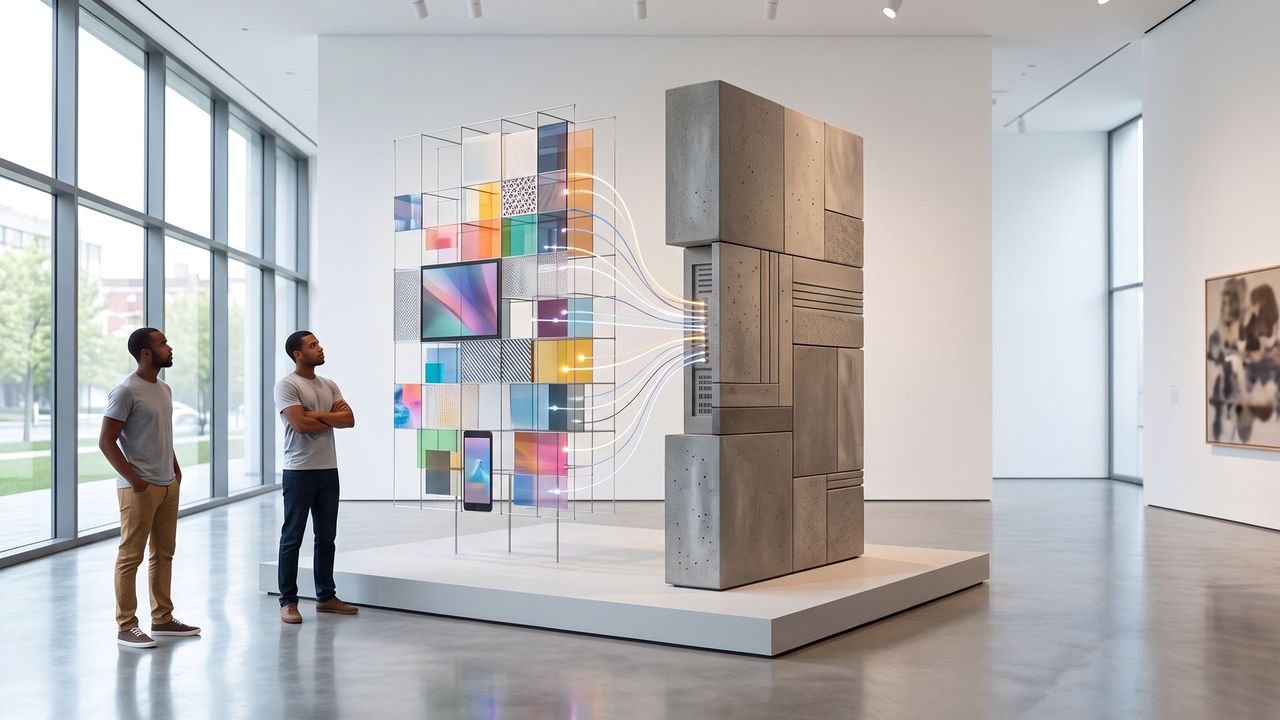 Two people look at a modern art installation with colorful squares and illuminated cables in a bright gallery.