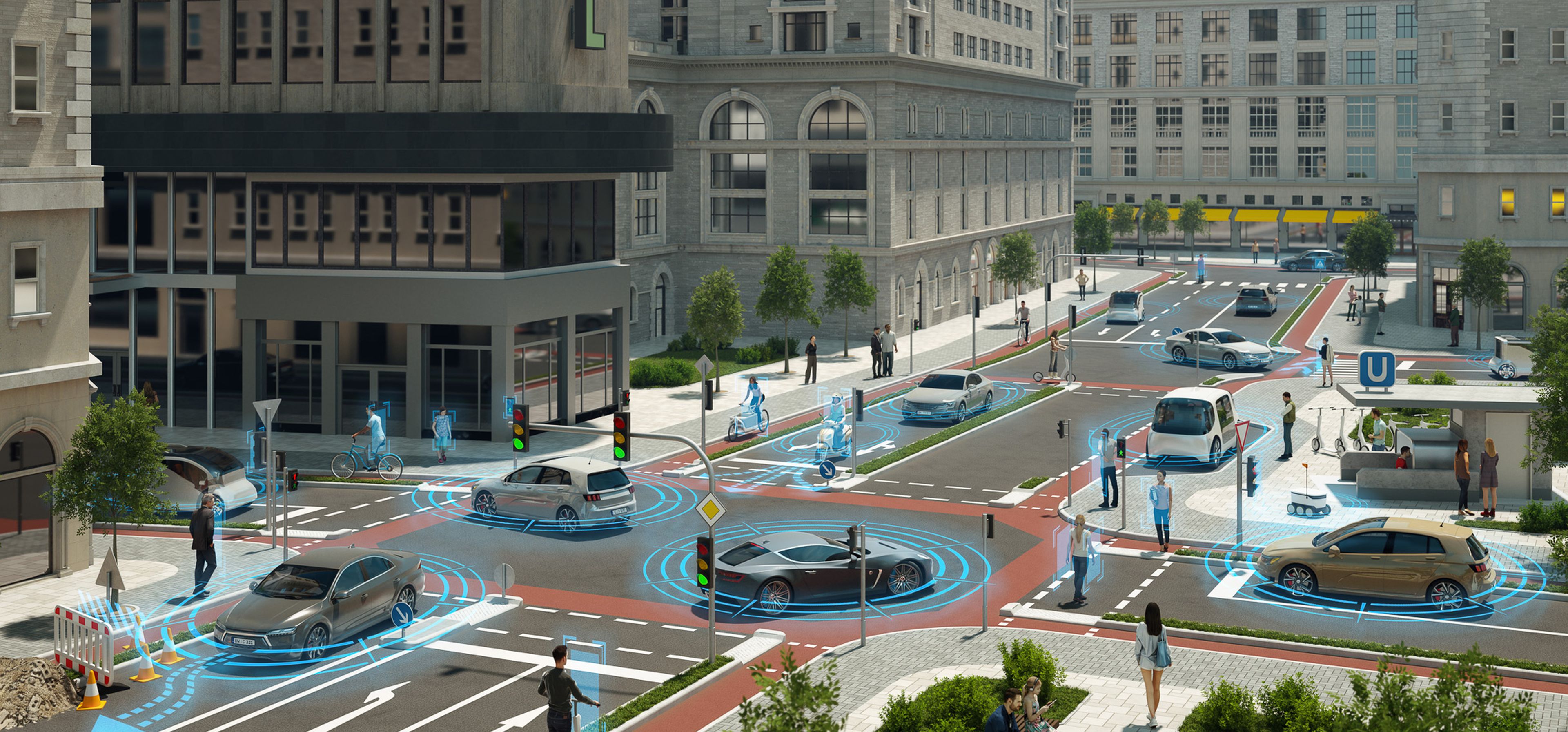 Mehrere Fahrzeuge für autonomes Fahren fahren über eine Kreuzung in einer Stadt und sind mit blauen Kreisen gekennzeichnet.