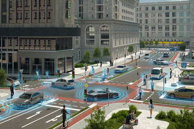 Mehrere Fahrzeuge für autonomes Fahren fahren über eine Kreuzung in einer Stadt und sind mit blauen Kreisen gekennzeichnet.