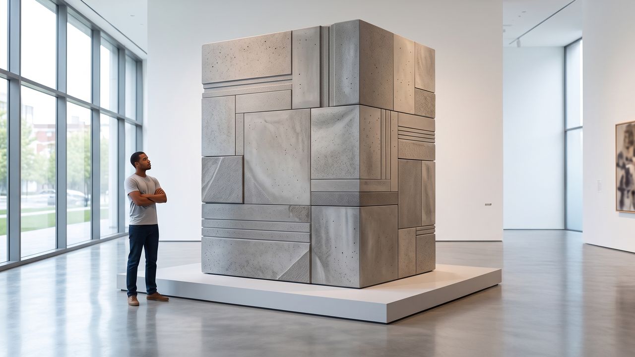 A man looks at a large, abstract sculpture made of geometric concrete blocks in a modern gallery with large windows.