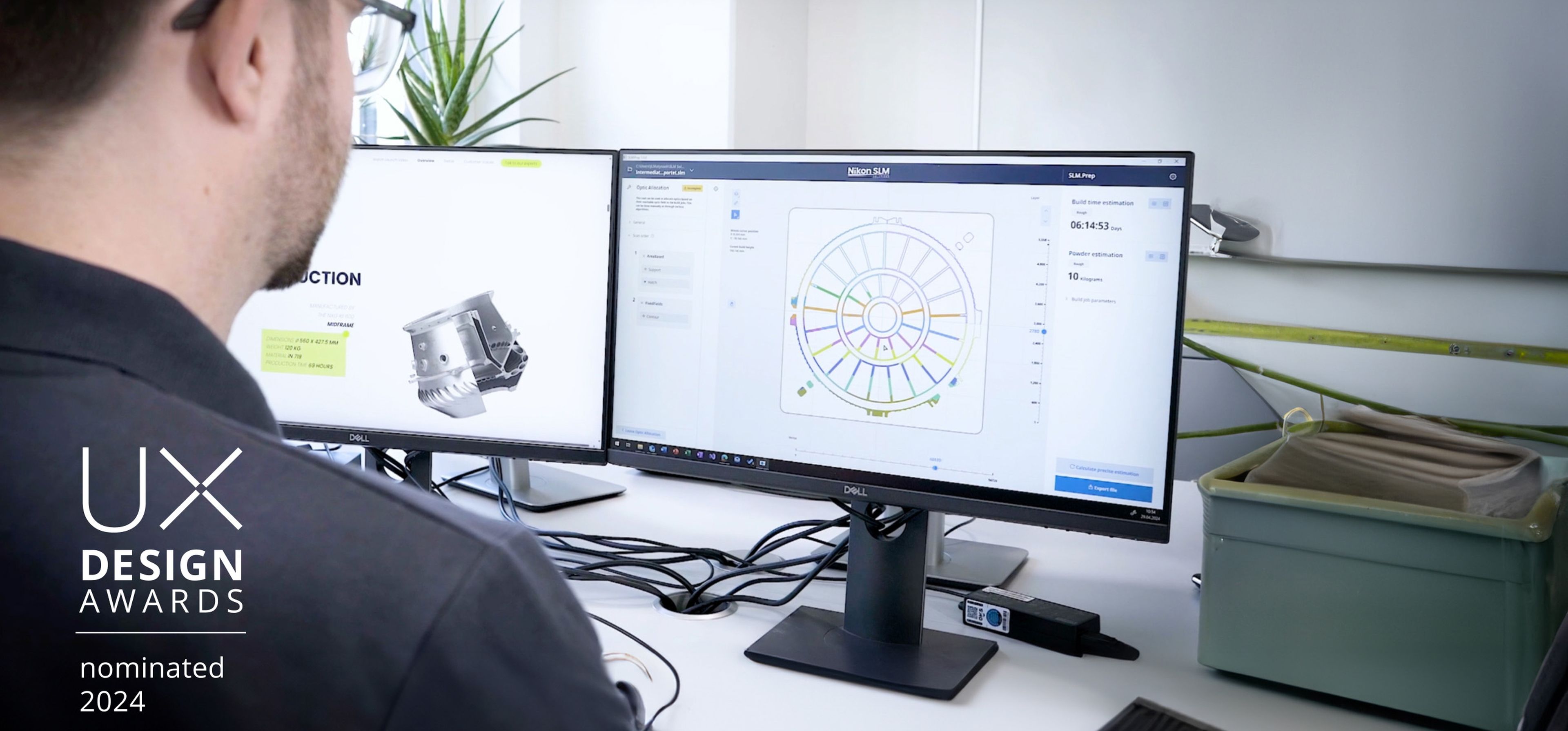 Ein Blick über die Schulter eines Mannes der mit der Software SLM.Prep am Computer arbeitet