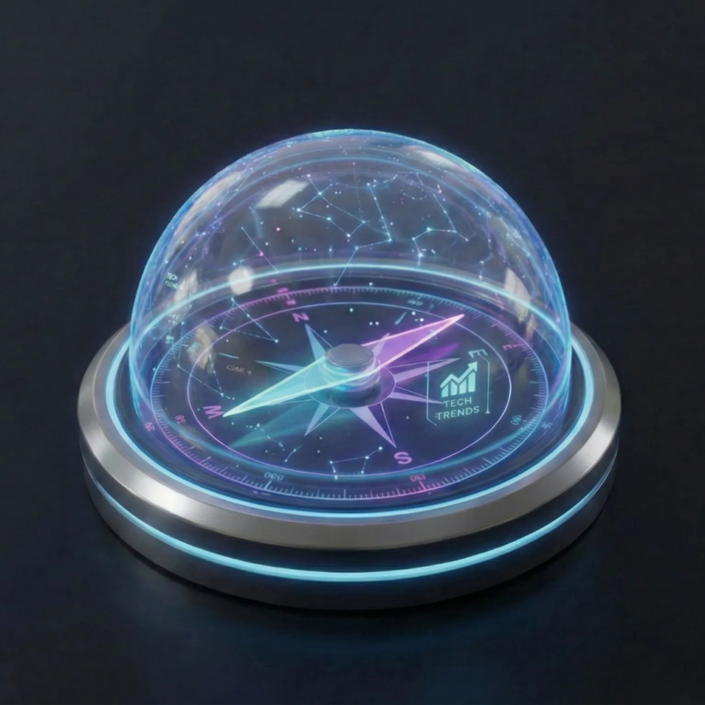 A futuristic, glowing compass with a transparent dome displays a blue and pink needle, set on a dark background.