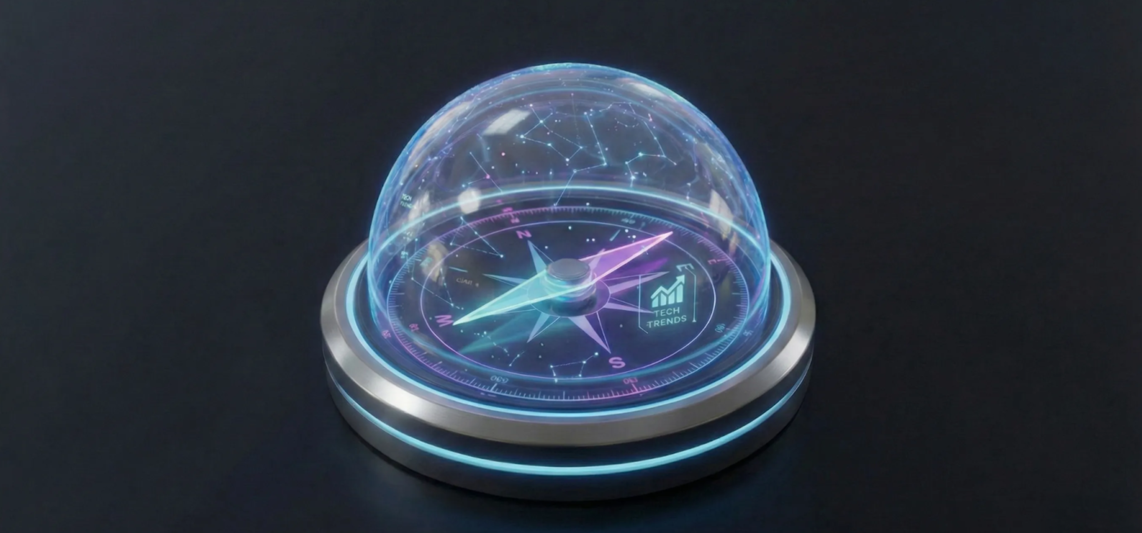 A futuristic, glowing compass with a transparent dome displays a blue and pink needle, set on a dark background.