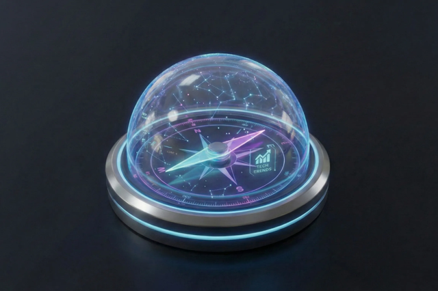 A futuristic, glowing compass with a transparent dome displays a blue and pink needle, set on a dark background.