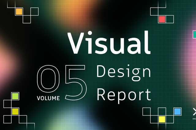 Grafische Darstellung in schwarz mit bunten Schatten und kleinen Quadraten, in der Mitte steht gross Volume 5 Design Report.