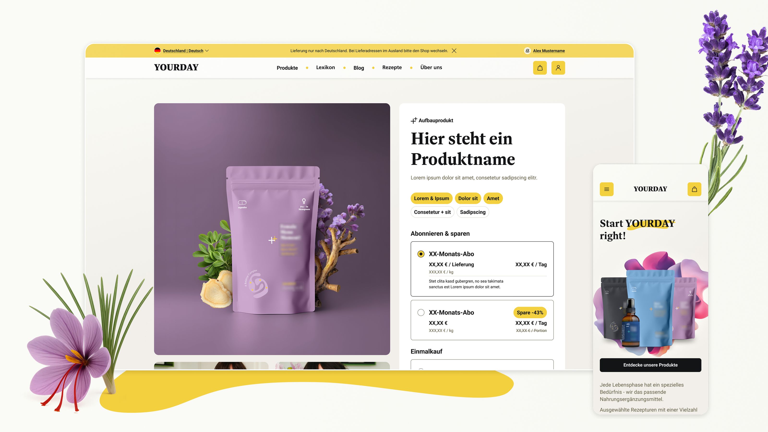 Website- und Handy-Ansicht eines Online-Shops, der ein lila verpacktes Produkt mit Blumen und Kräutern zeigt.