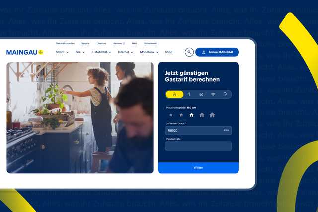 Webseite der Maingau Energie mit Tarifrechner für Gas und Bild von Menschen in einer Küche.