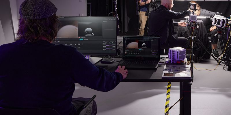 A man sitting at a desk with 2 screens in front of him, on which the Vision Research application can be seen. In the background you can see a photo setting with the high-speed cameras