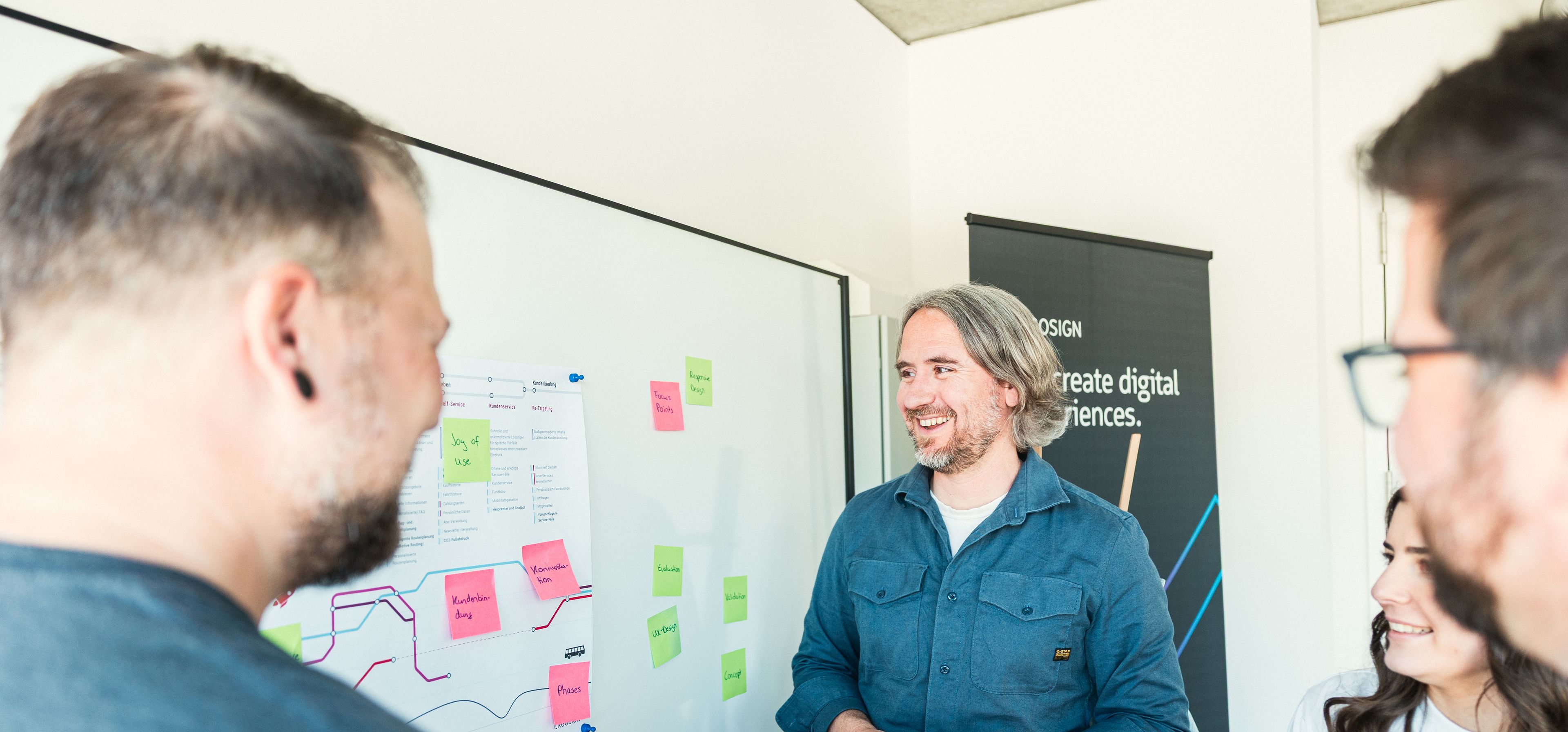 Gruppe von Personen bei der Zusammenarbeit im Büro – sie besprechen Ideen und nutzen Haftnotizen auf einem Whiteboard.
